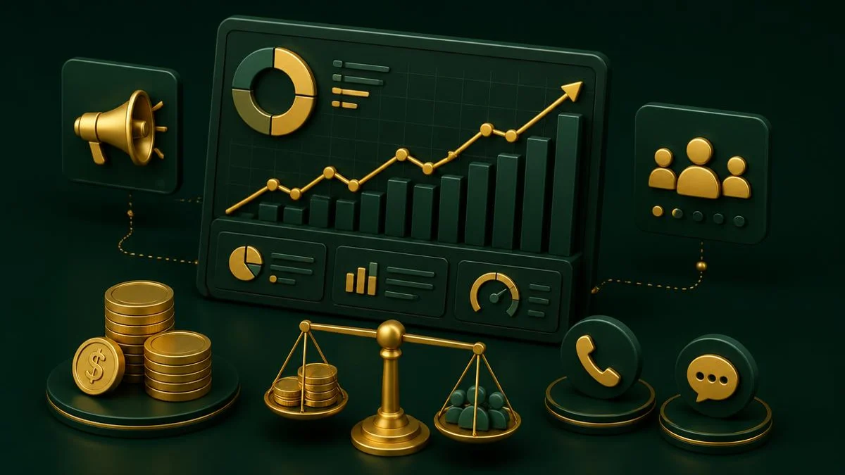 لوحة تحليلات تعرض منحنى العائد على الإنفاق الإعلاني وميزانًا يوازن بين التكلفة والعملاء